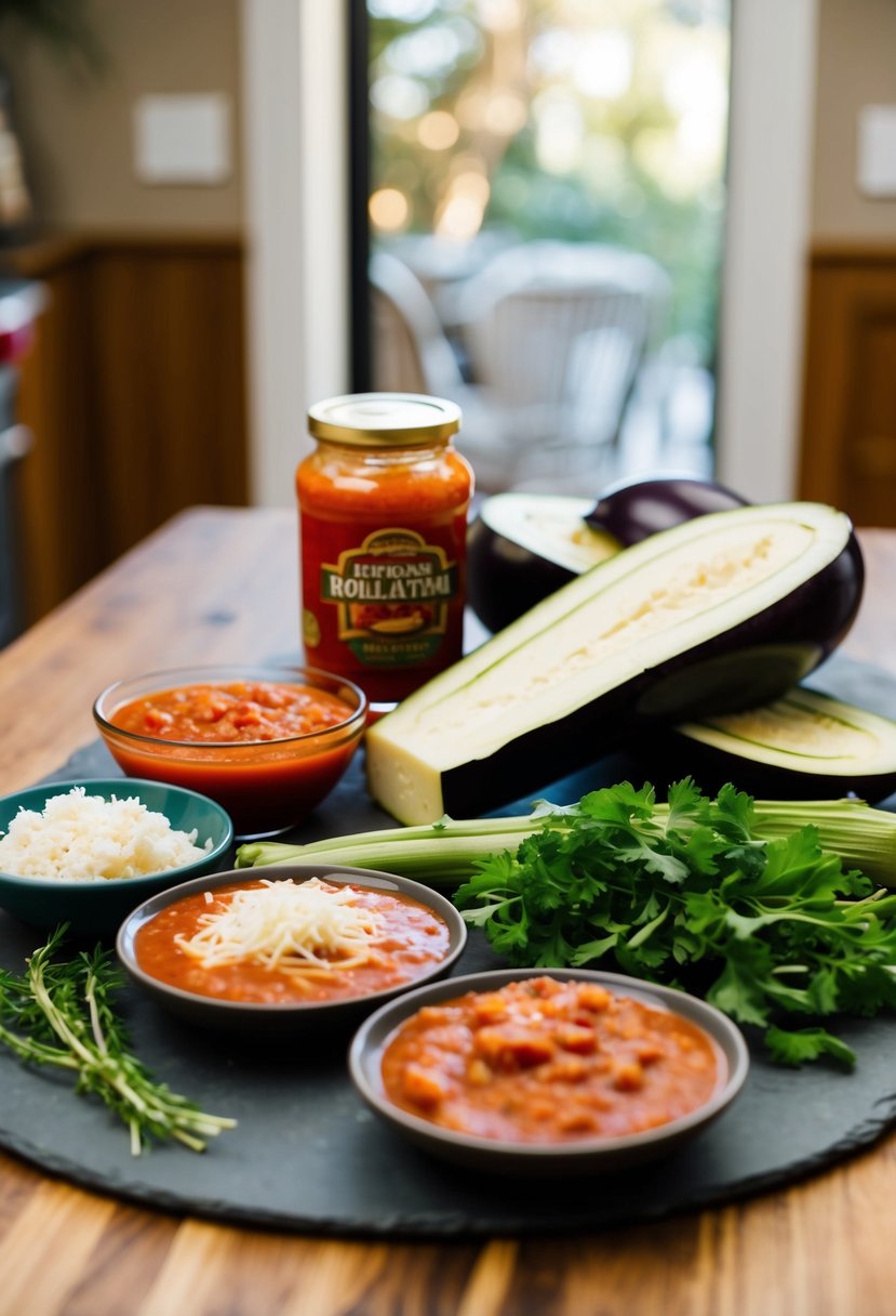 A table set with ingredients for eggplant rollatini, including sliced eggplant, marinara sauce, cheese, and fresh herbs