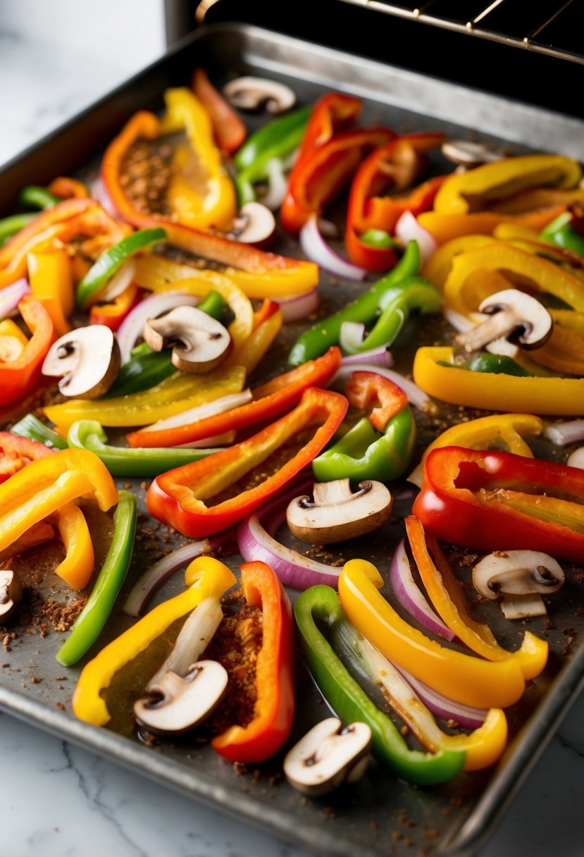 A colorful array of sliced bell peppers, onions, and mushrooms sizzle on a sheet pan in the oven, surrounded by sizzling fajita seasoning