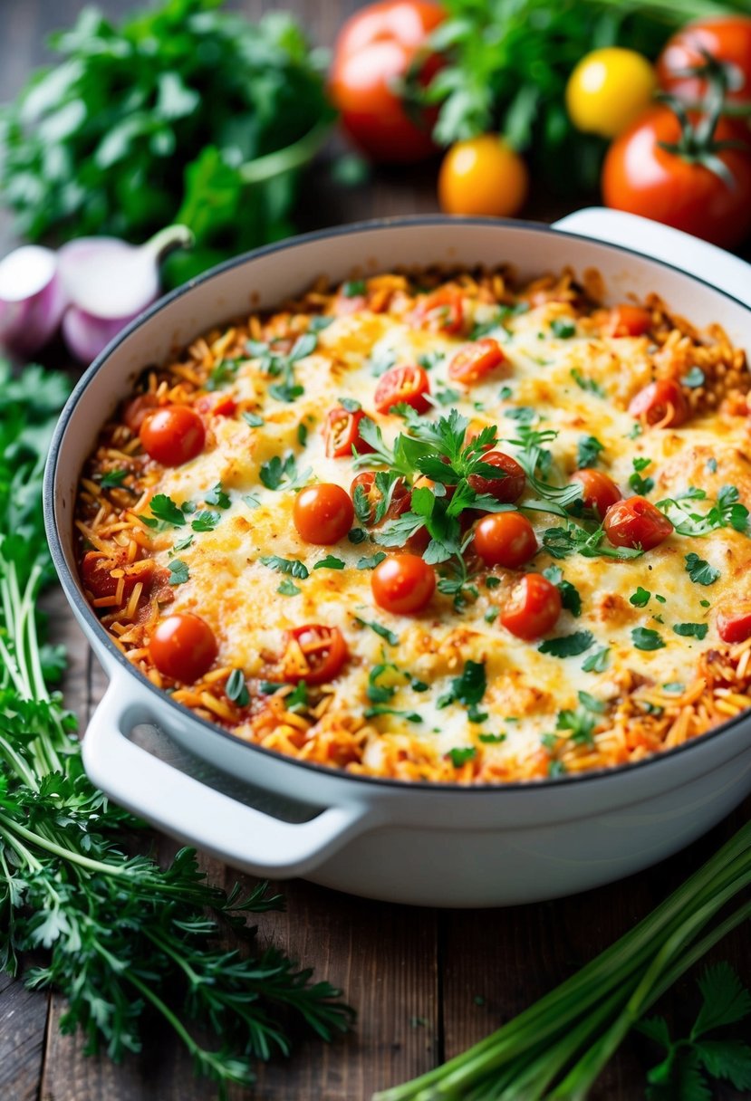 A bubbling casserole dish filled with tomato-feta rice, surrounded by fresh herbs and colorful vegetables