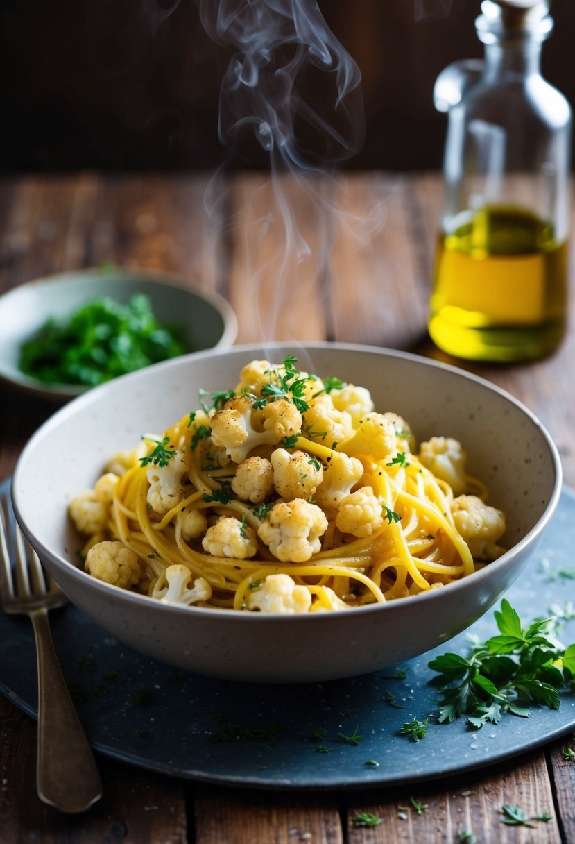 A steaming bowl of caramelized cauliflower pasta sits on a rustic wooden table, sprinkled with fresh herbs and drizzled with olive oil