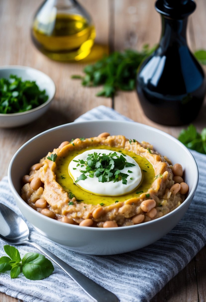 A bowl of creamy pinto bean mash topped with a drizzle of olive oil and a sprinkle of fresh herbs