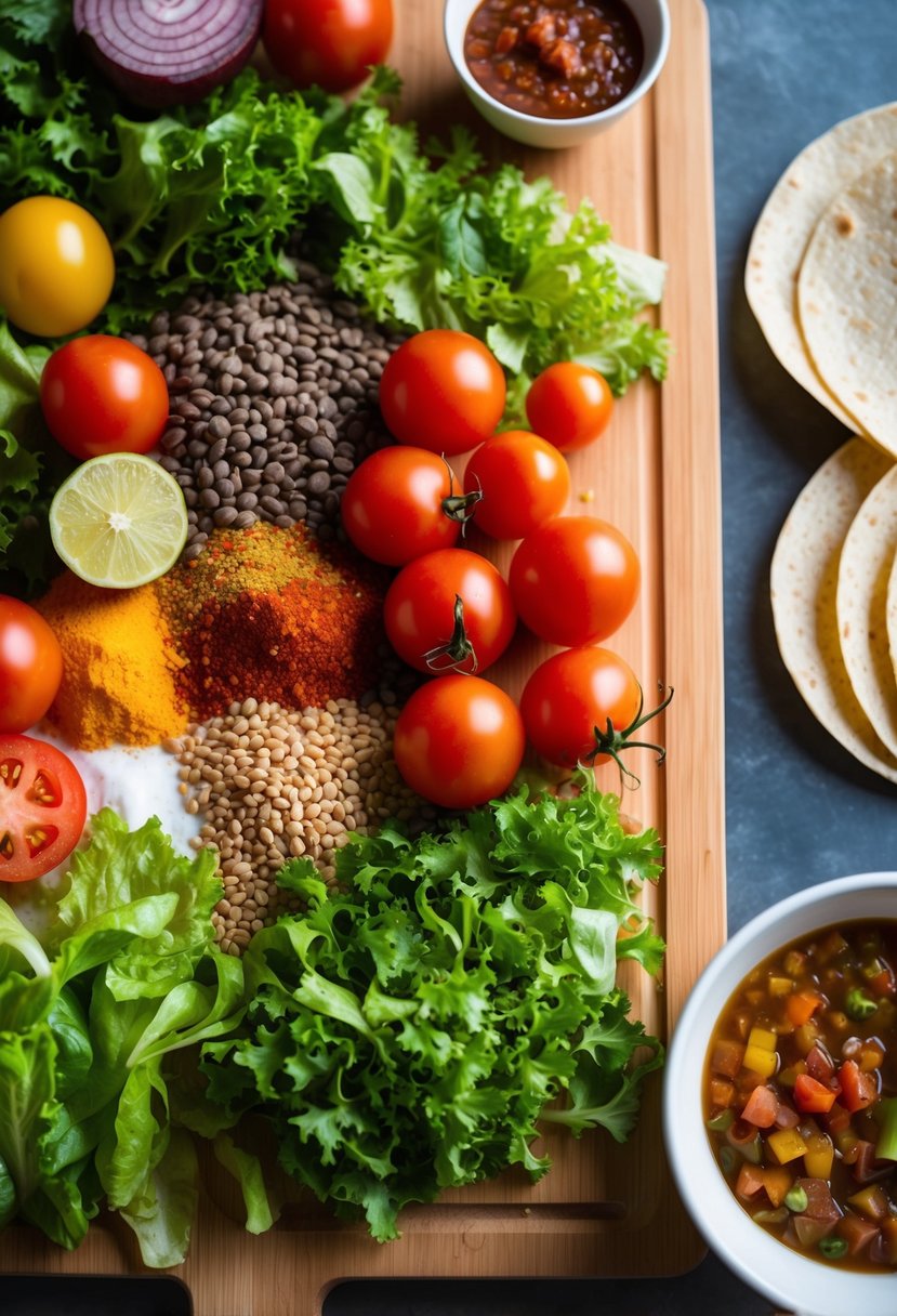 A colorful array of lentils, tomatoes, lettuce, and spices arranged on a wooden cutting board, with taco shells and a bowl of salsa nearby