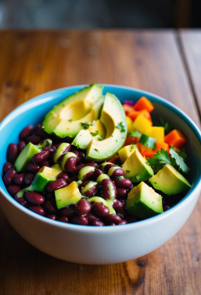 A colorful bowl of pinto beans, avocado chunks, and fresh vegetables, drizzled with a zesty vinaigrette, sitting on a wooden table