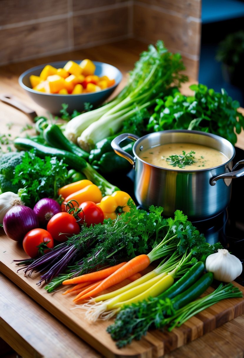 A colorful array of fresh vegetables and herbs arranged on a wooden cutting board, with a pot of creamy sauce simmering on the stove