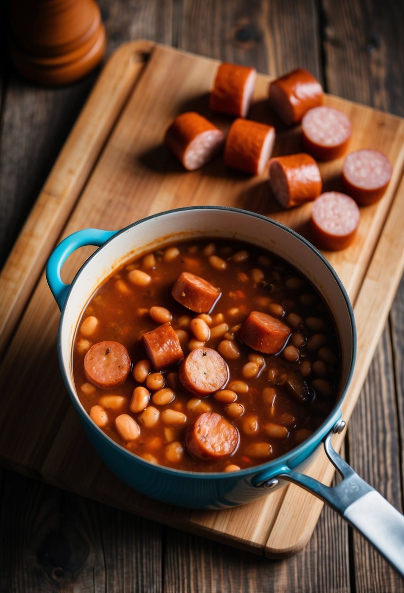 A rustic kitchen scene with a pot of simmering pinto beans and chunks of smoked sausage on a wooden cutting board