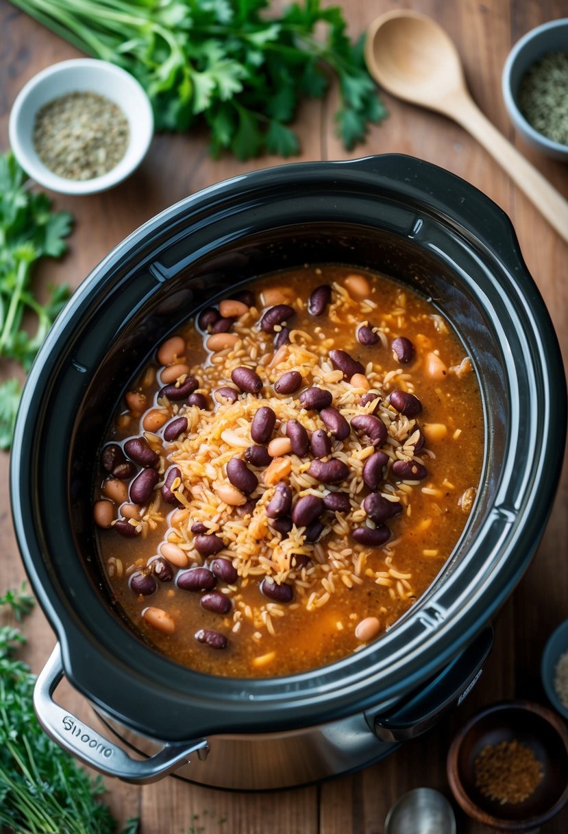 A slow-cooker filled with pinto beans and rice simmering in savory broth, surrounded by aromatic herbs and spices