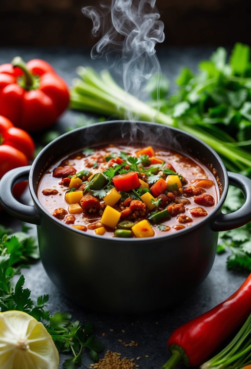 A steaming pot of vegetarian chili surrounded by fresh vegetables and herbs