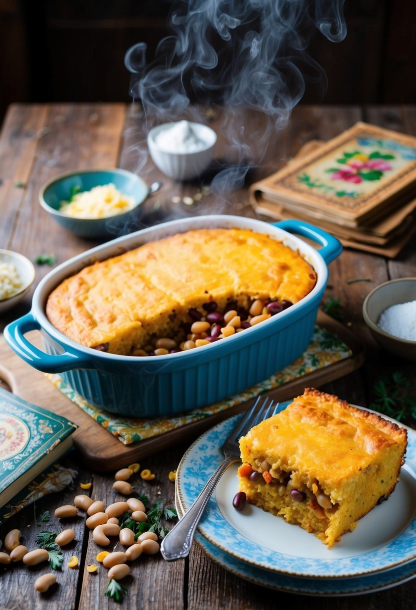 A rustic kitchen table set with a steaming casserole dish of pinto bean and cornbread casserole, surrounded by scattered ingredients and a vintage cookbook