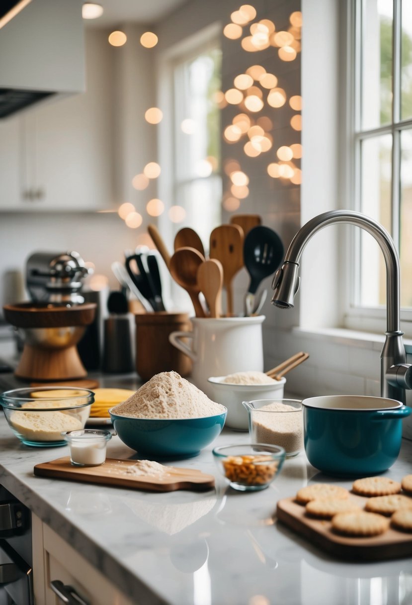 A kitchen counter with various ingredients and utensils for making biscuits