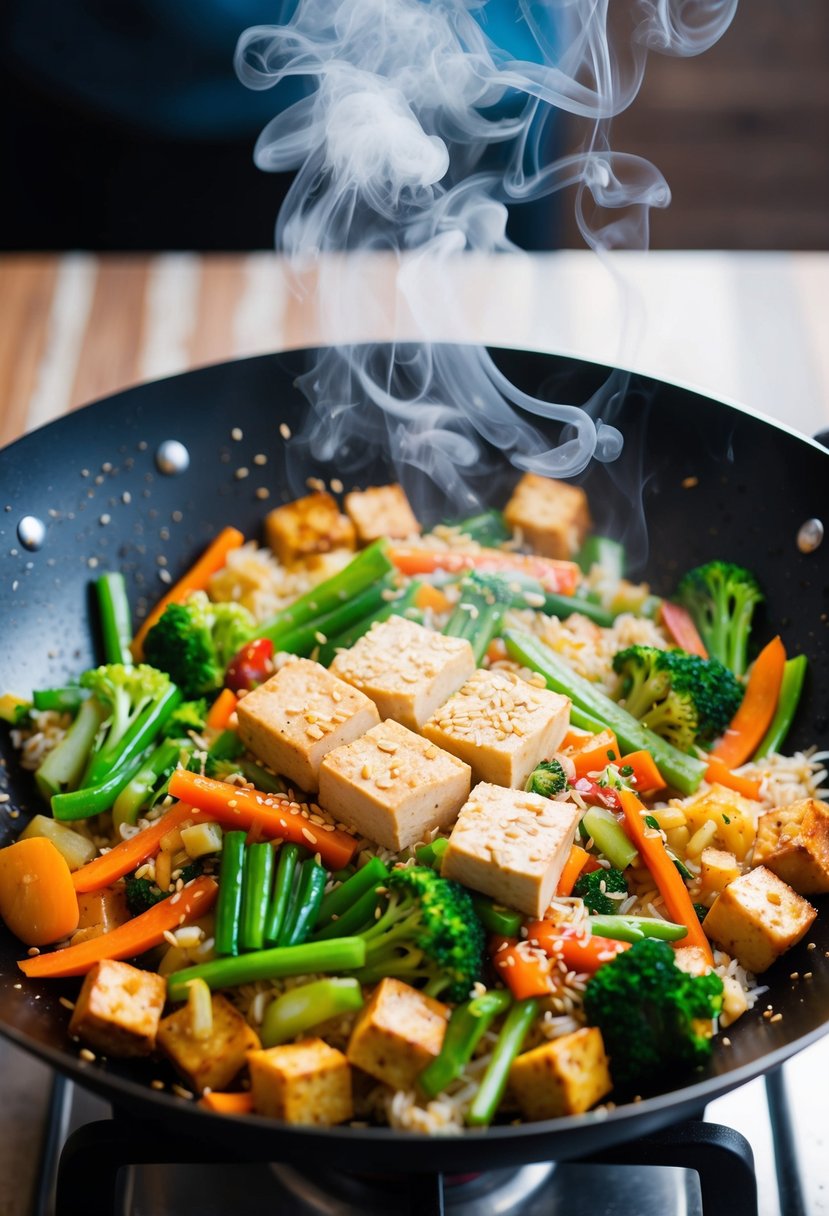 A colorful wok sizzling with assorted vegetables, tofu, and rice, emitting fragrant steam. A sprinkle of sesame seeds adds texture