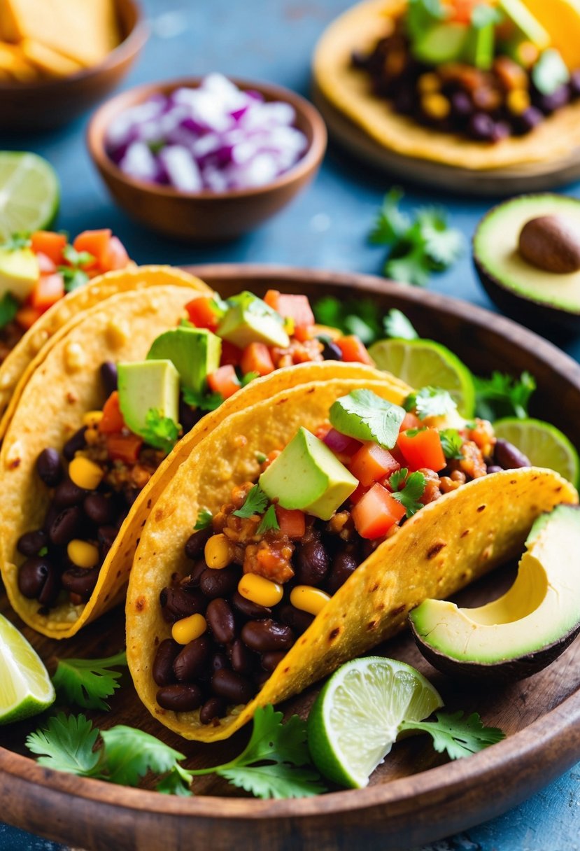 A colorful array of zesty pinto bean tacos, topped with fresh salsa and creamy avocado, served on a rustic wooden platter