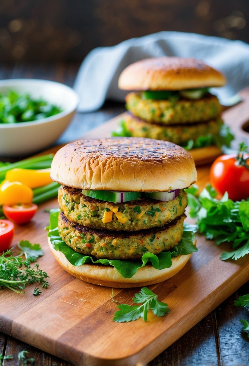 A sizzling falafel burger surrounded by colorful vegetables and herbs on a wooden cutting board