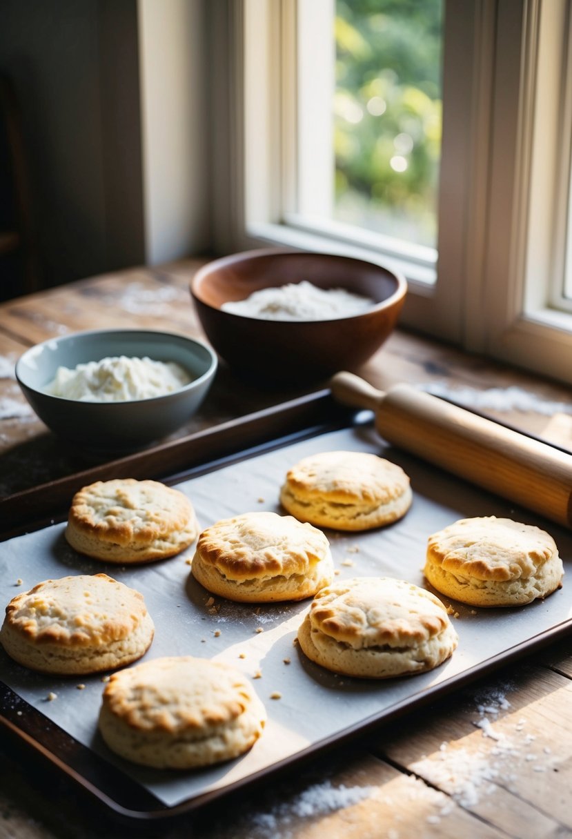 A rustic kitchen table with a tray of freshly baked buttermilk biscuits, a rolling pin, and a bowl of flour. Sunlight streams through a nearby window, casting a warm glow on the scene