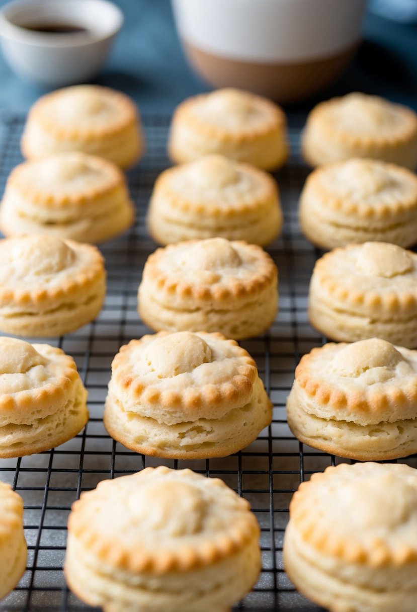 Freshly baked butter biscuits cooling on a wire rack