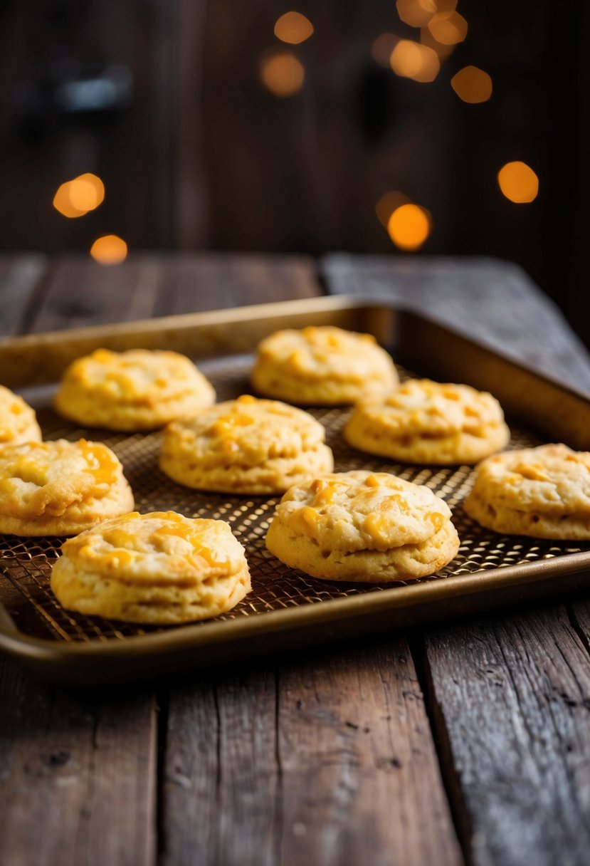 A golden tray of cheddar garlic biscuits cooling on a rustic wooden table