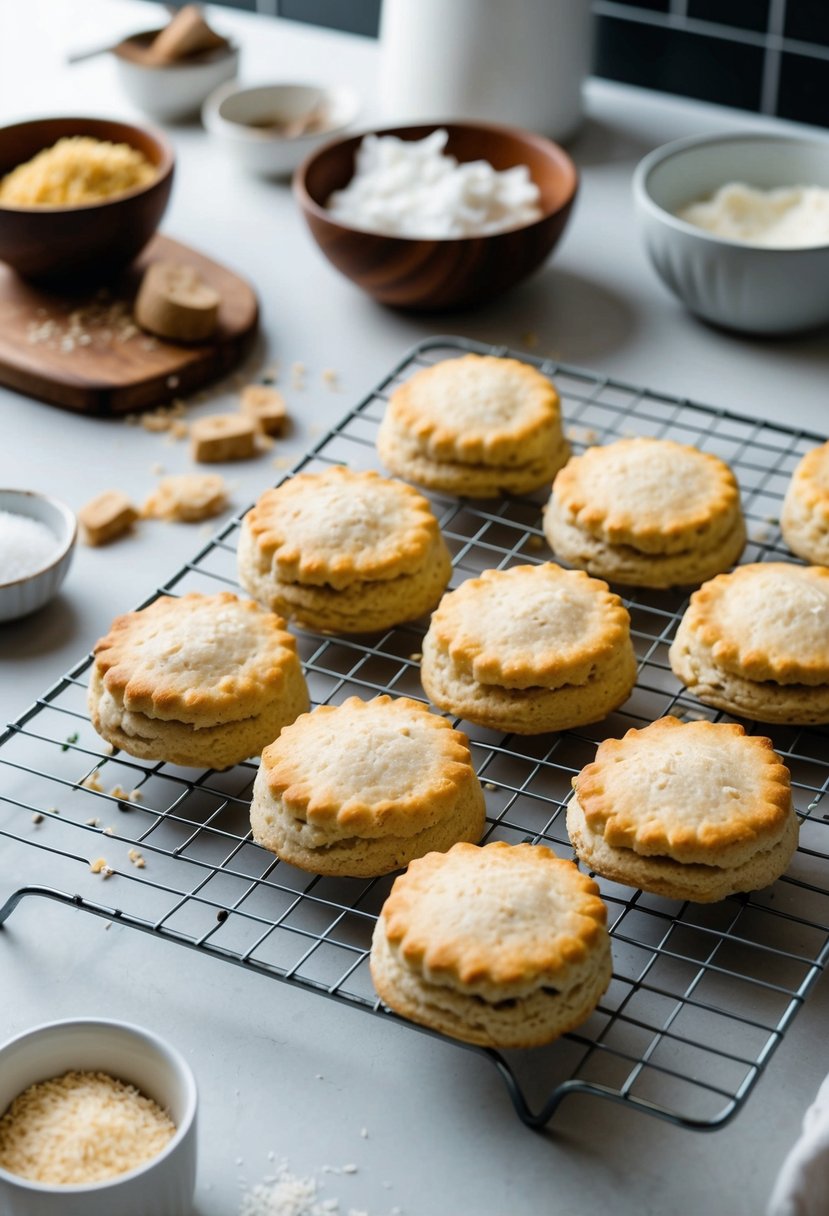 A kitchen counter with freshly baked vegan biscuits made with coconut oil, cooling on a wire rack. Ingredients and utensils scattered around