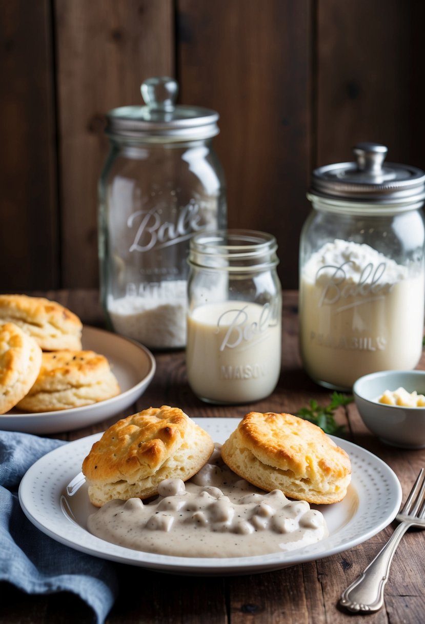 A rustic kitchen table with a plate of freshly baked, golden-brown biscuits smothered in rich, creamy gravy, surrounded by vintage mason jars filled with ingredients like flour and buttermilk