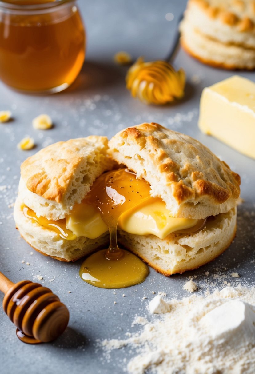 A warm biscuit split open, oozing with honey butter, surrounded by a scattering of ingredients like flour, honey, and butter