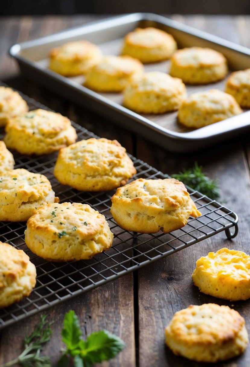 A rustic kitchen table with a freshly baked batch of golden herb and cheese biscuits cooling on a wire rack