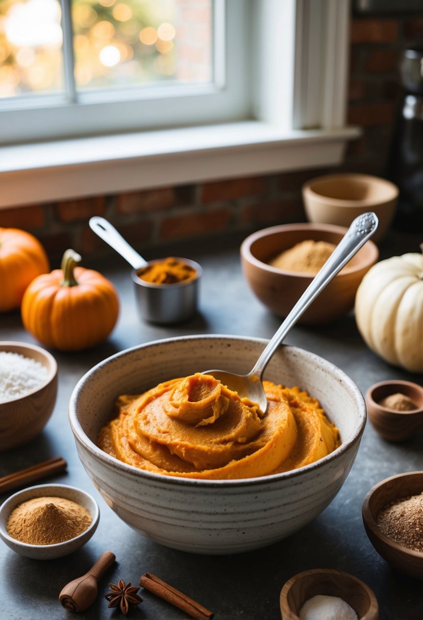 A cozy kitchen with a rustic mixing bowl and spoon, surrounded by ingredients like pumpkin puree, cinnamon, and nutmeg, ready to make pumpkin spice biscuits