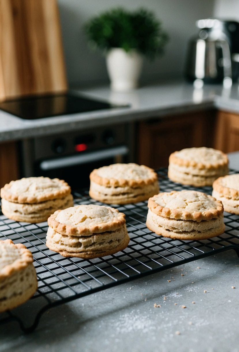 A rustic kitchen counter with freshly baked gluten-free almond flour biscuits cooling on a wire rack