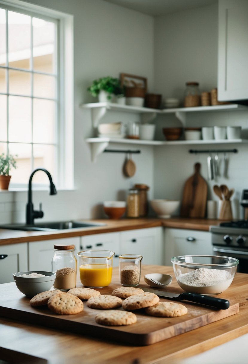 A kitchen counter with ingredients and utensils for making whole wheat biscuits