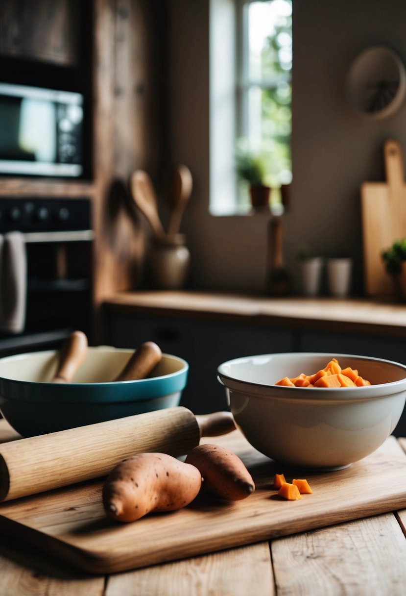 A rustic kitchen with a wooden table, a rolling pin, a mixing bowl, and fresh sweet potatoes