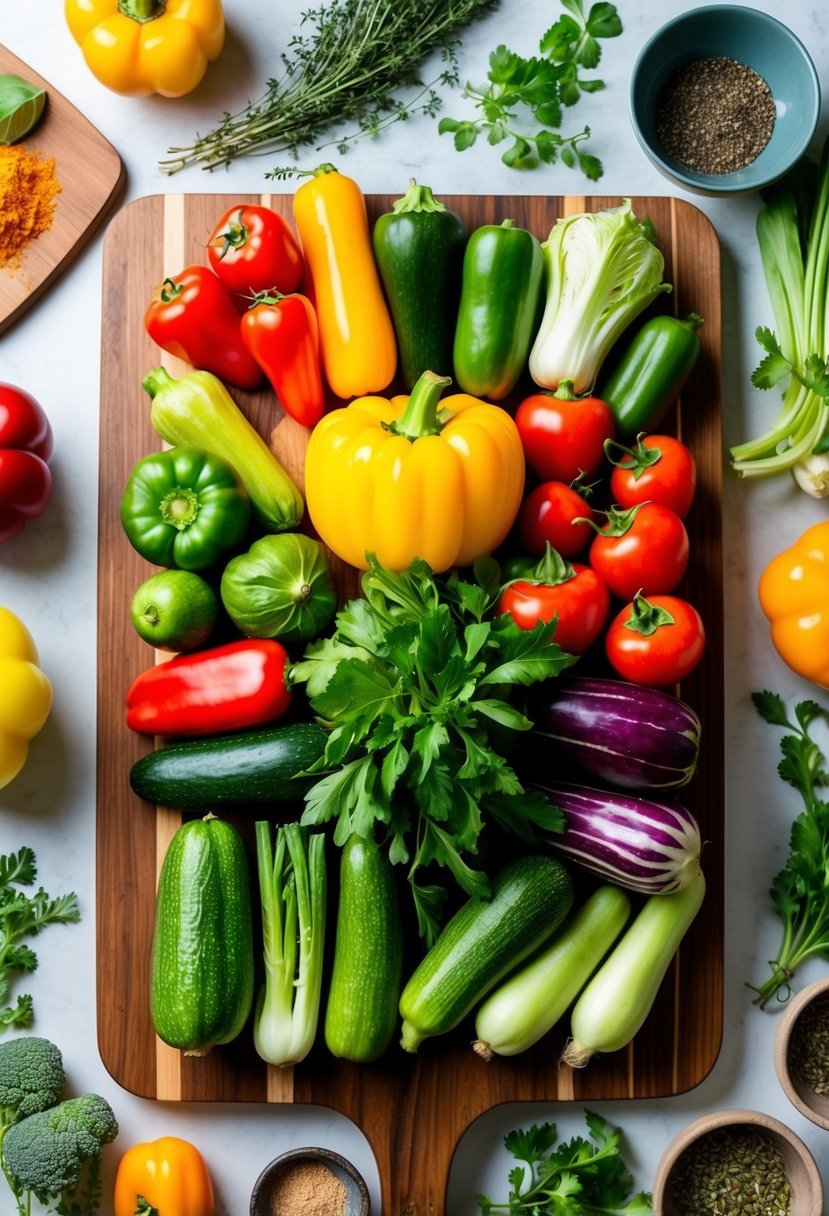 A colorful array of fresh vegetables arranged on a wooden cutting board, surrounded by herbs and spices