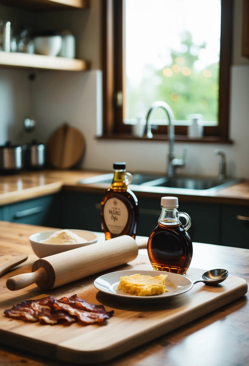 A kitchen counter with a wooden cutting board, a rolling pin, a bowl of flour, a jar of maple syrup, and a plate of sizzling bacon