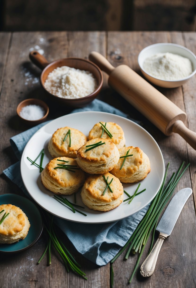 A rustic kitchen table with a plate of golden brown drop biscuits topped with fresh chives, a rolling pin, and a bowl of flour