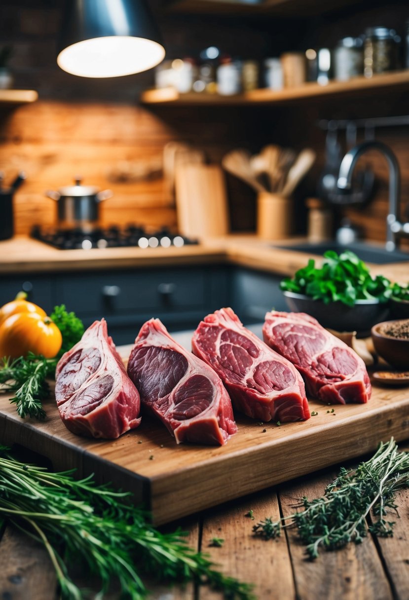 A rustic kitchen with a wooden table displaying various cuts of venison, surrounded by fresh herbs and spices