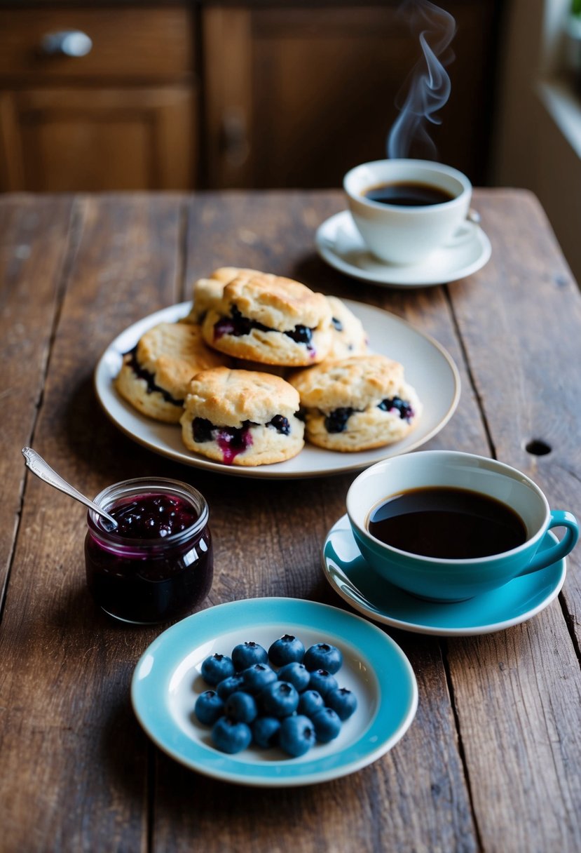 A rustic kitchen table with a plate of blueberry breakfast biscuits, a jar of jam, and a steaming cup of coffee