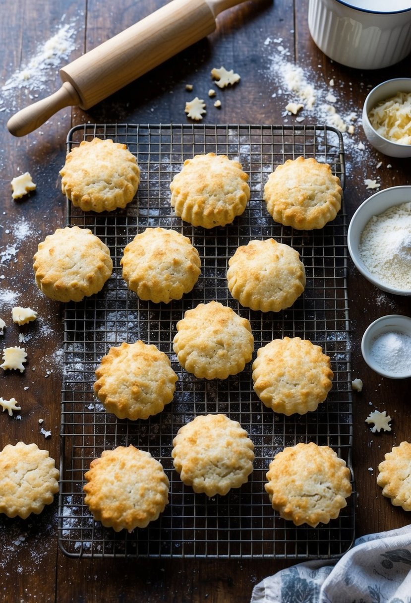 A rustic kitchen table with freshly baked Parmesan biscuits cooling on a wire rack, surrounded by scattered flour and a rolling pin