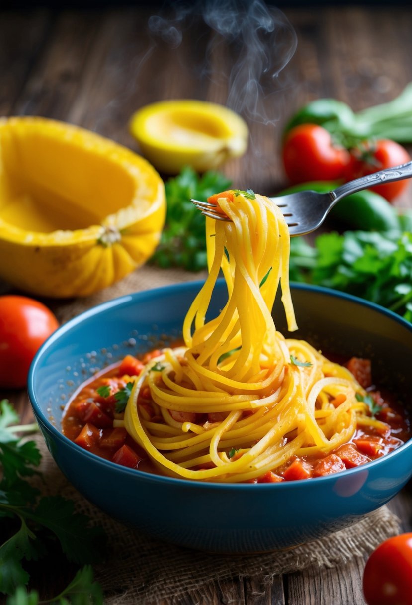 A fork twirls spaghetti squash strands in marinara sauce. A steaming bowl sits on a rustic wooden table, surrounded by colorful, fresh vegetables