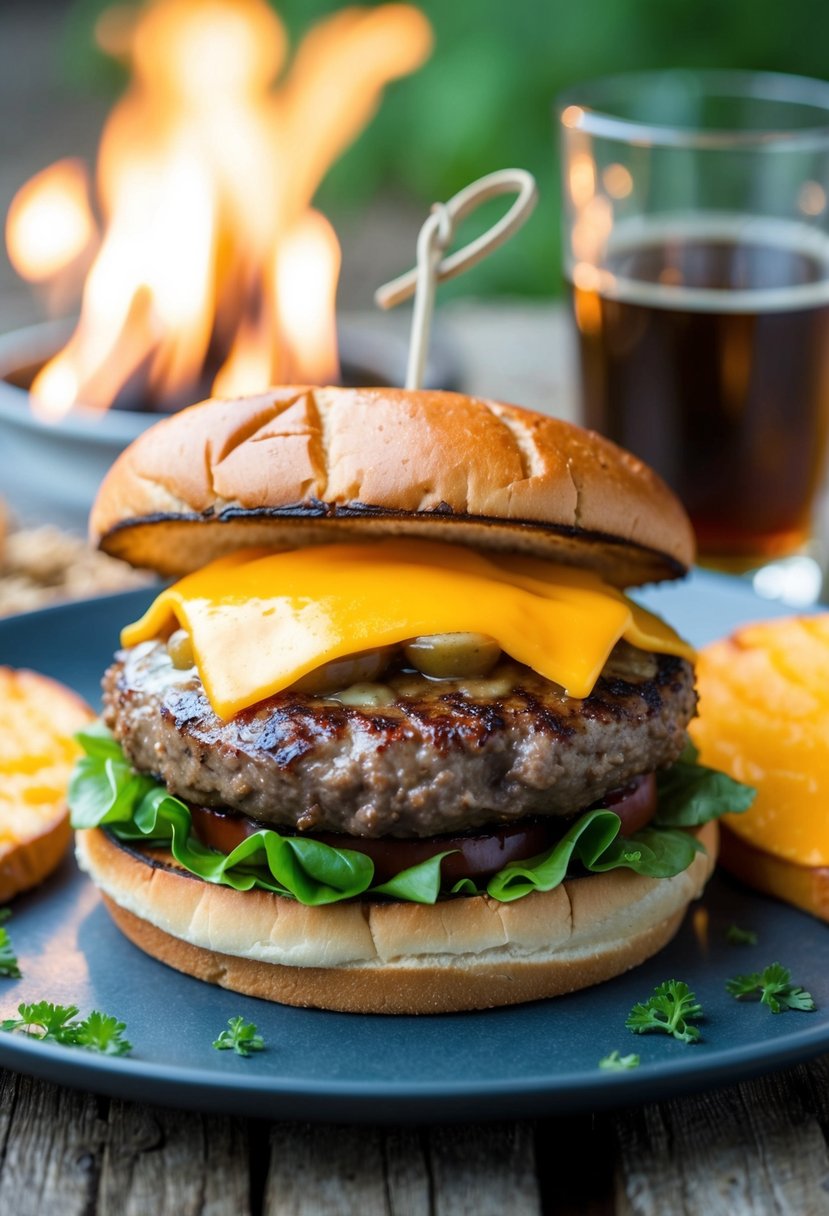 A sizzling venison burger topped with melted cheese on a toasted bun, surrounded by a rustic outdoor setting