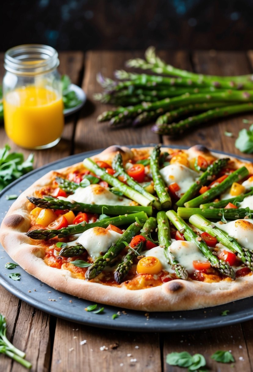 A rustic wooden table with a freshly baked asparagus pizza topped with melted mozzarella and vibrant vegetables