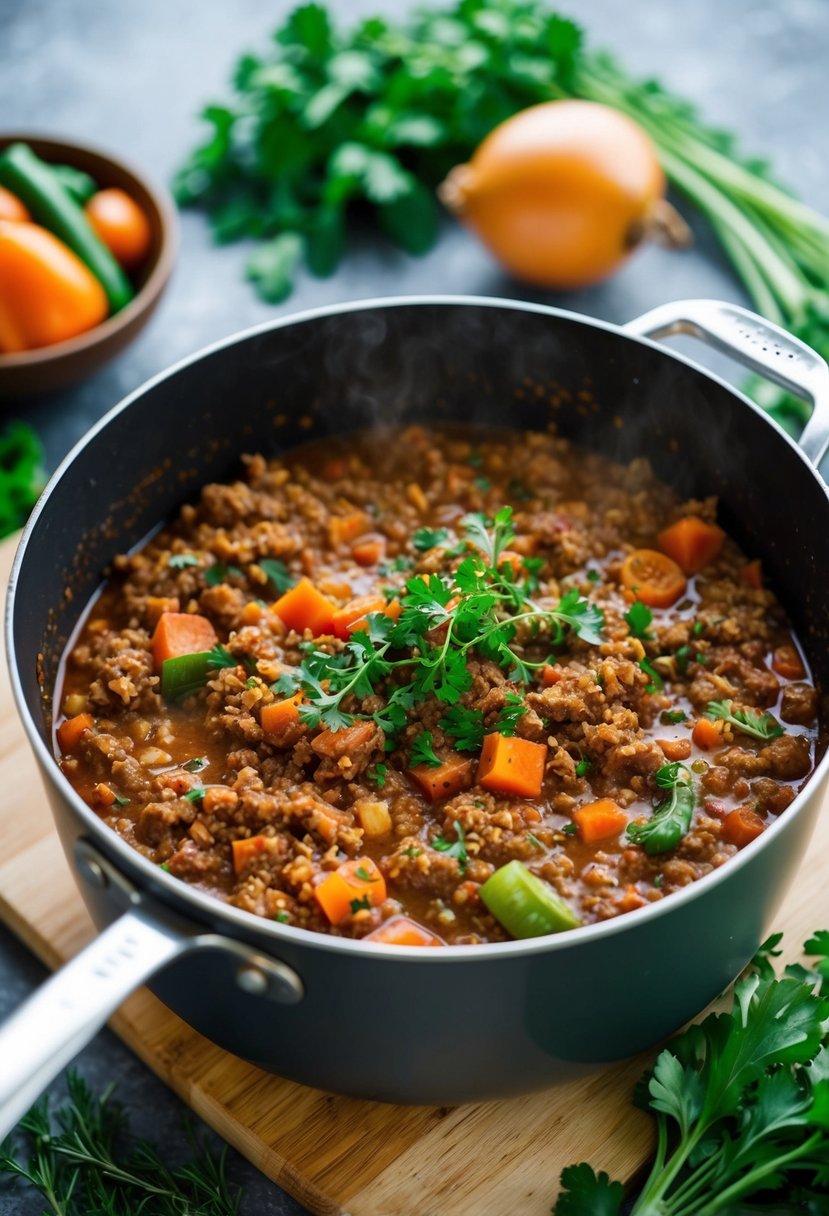 A simmering pot of ground venison bolognese sauce with aromatic herbs and vegetables