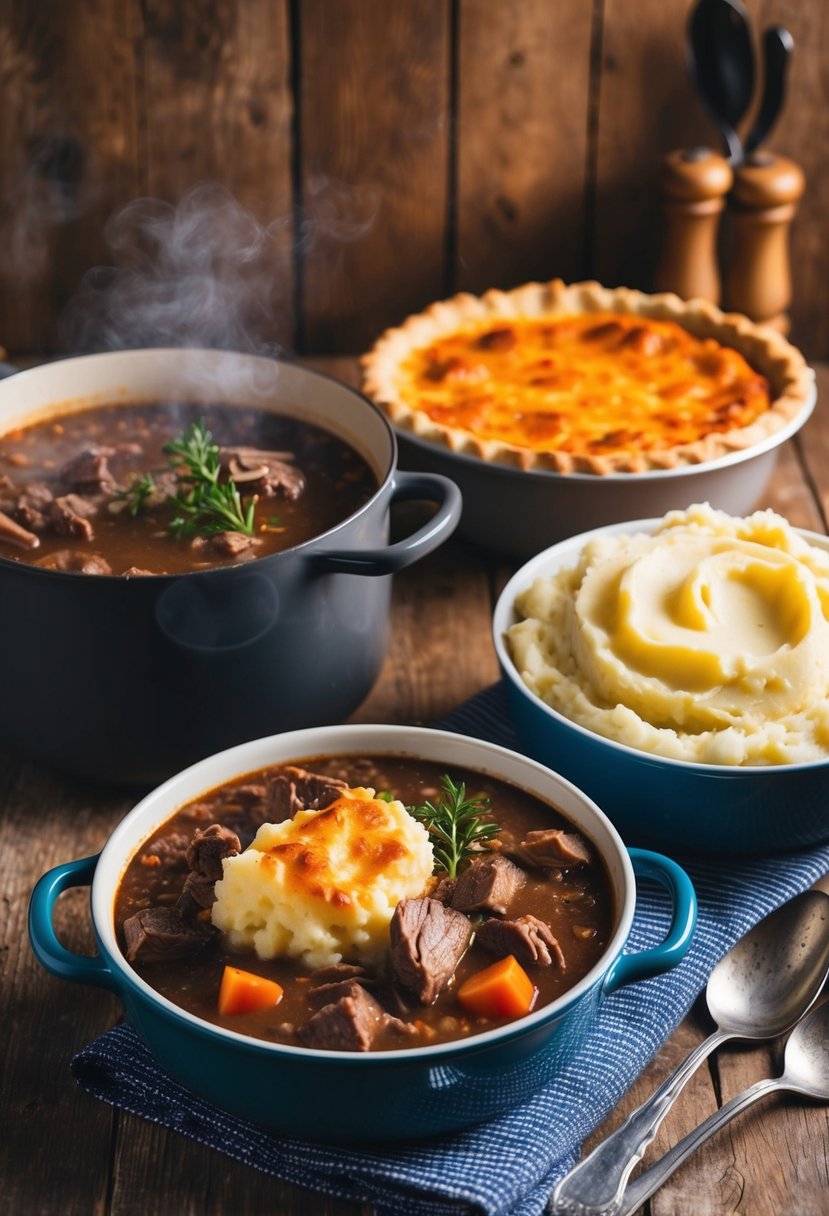 A rustic kitchen with a bubbling pot of venison stew, a mound of mashed potatoes, and a golden-brown shepherd's pie baking in the oven