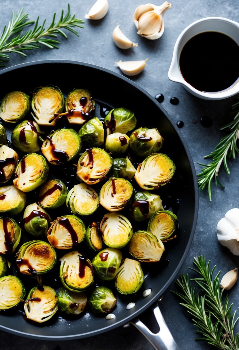 A pan of roasted Brussels sprouts drizzled with balsamic glaze, surrounded by scattered rosemary sprigs and garlic cloves