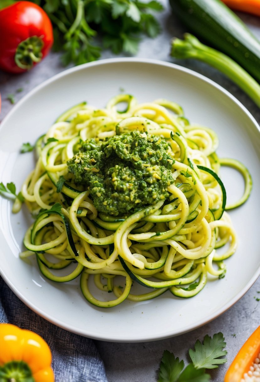 A plate of zucchini noodles topped with vibrant green pesto, surrounded by colorful vegetables and fresh herbs