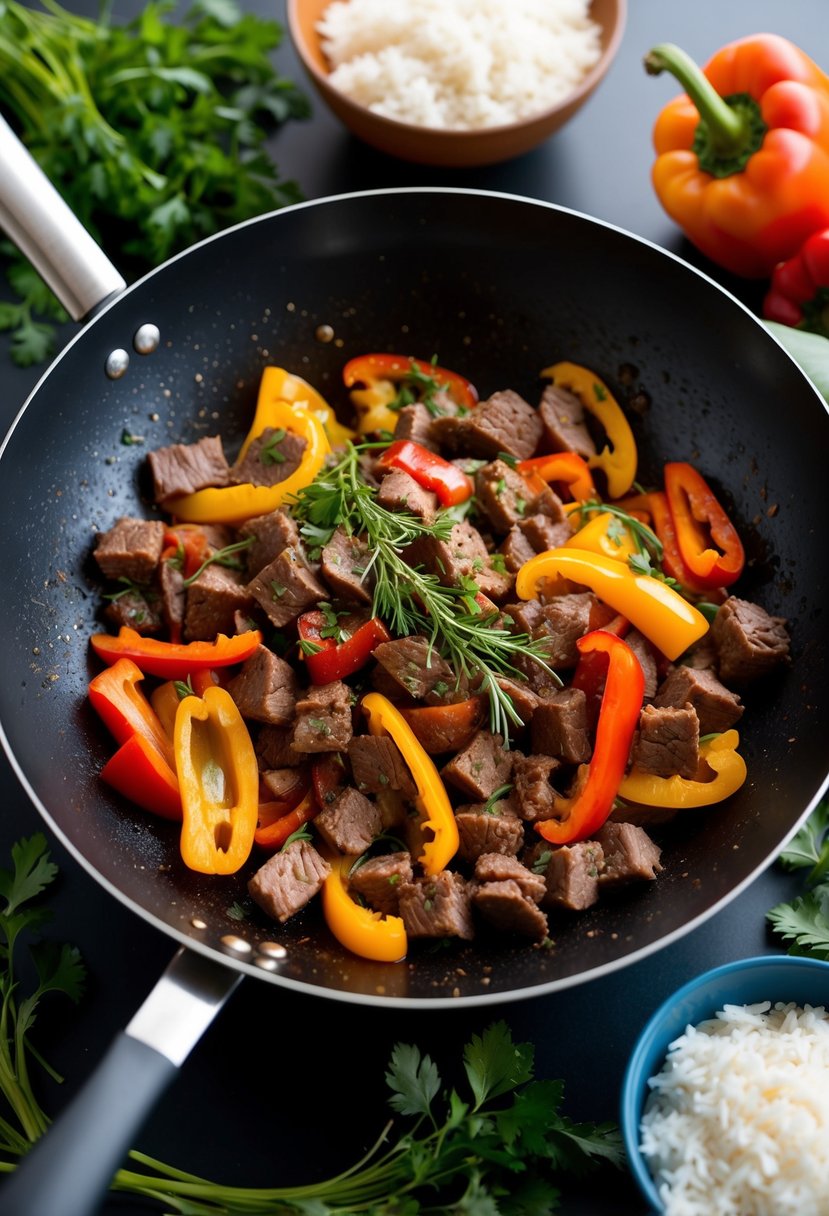 A sizzling wok filled with diced venison, colorful bell peppers, and aromatic spices, surrounded by fresh herbs and a steaming bowl of rice