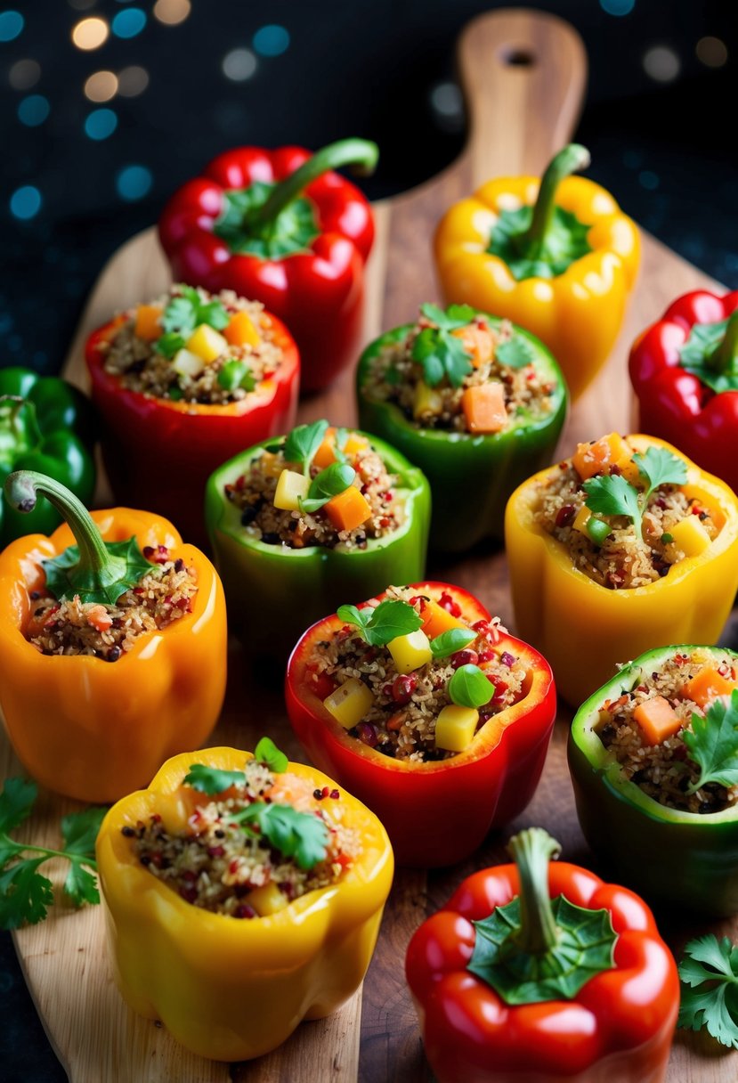 A colorful array of stuffed bell peppers filled with quinoa and vegetables, arranged on a wooden cutting board