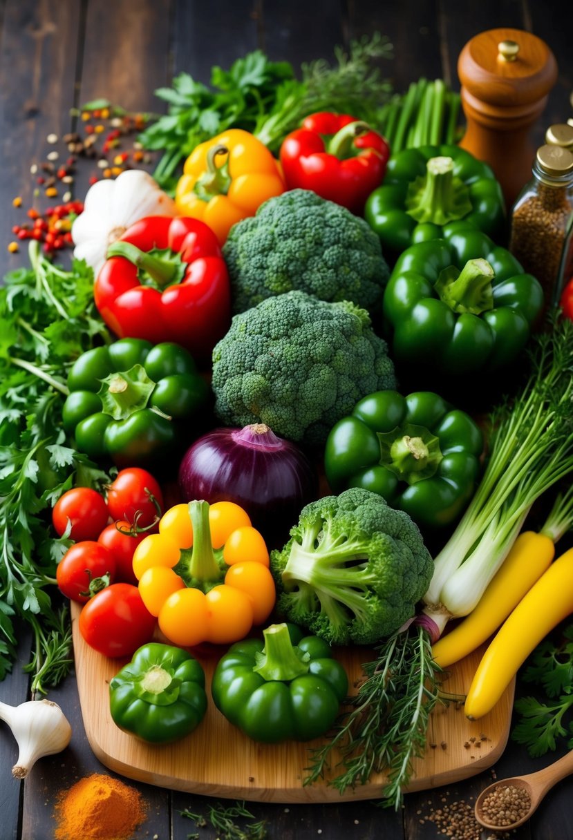 A variety of fresh vegetables arranged on a wooden cutting board, surrounded by colorful herbs and spices