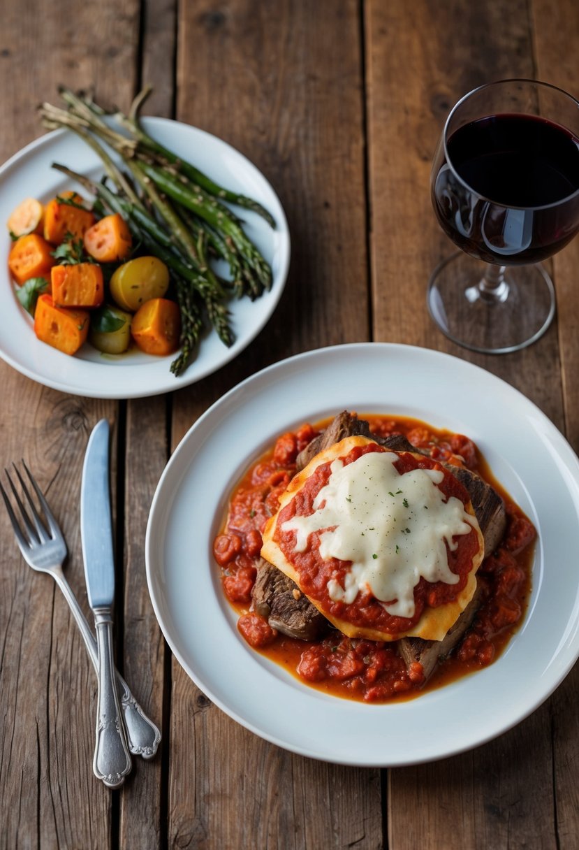 A rustic wooden table set with a plate of venison parmesan topped with marinara sauce, accompanied by a side of roasted vegetables and a glass of red wine