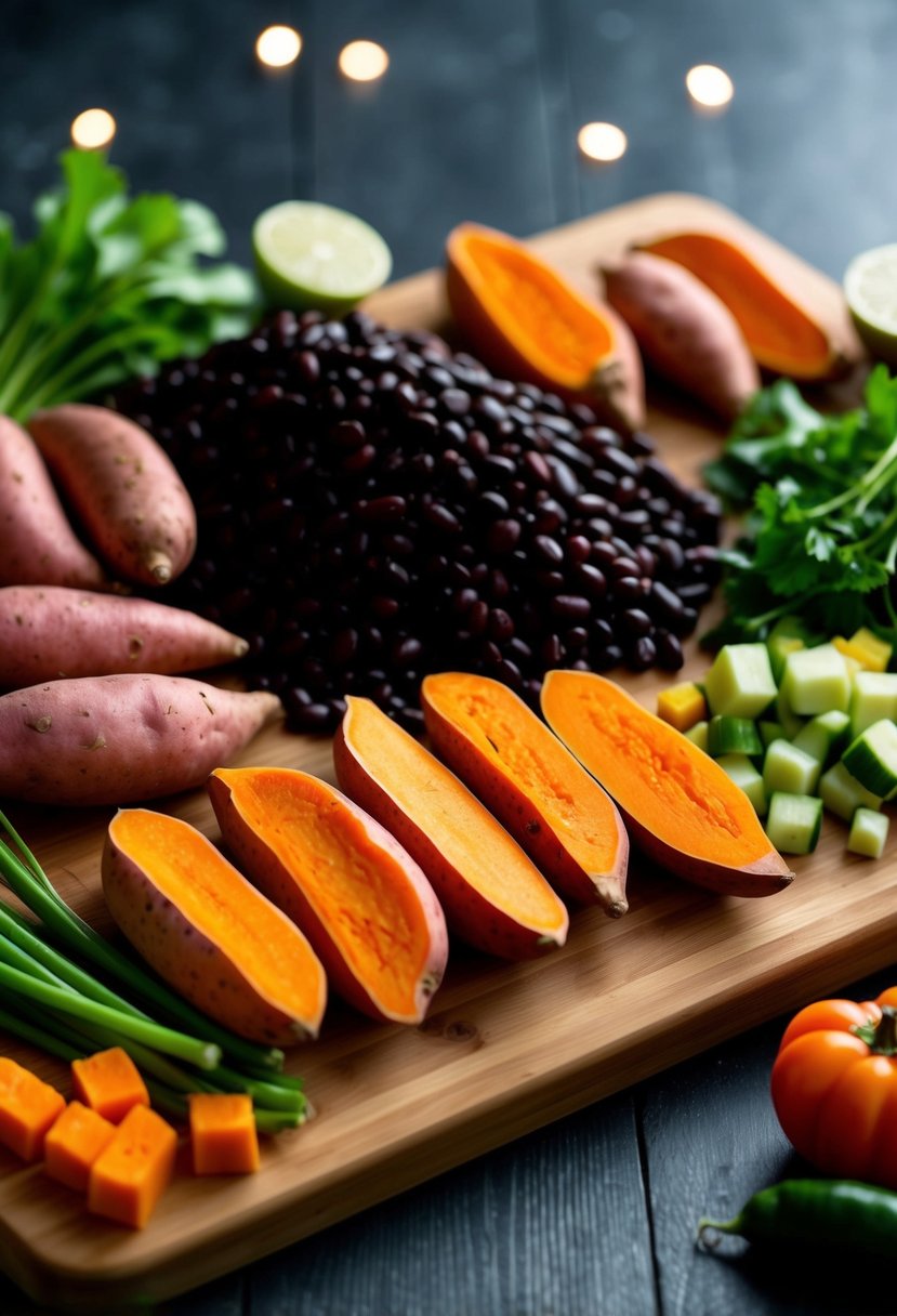 A colorful array of sweet potatoes, black beans, and assorted vegetables arranged on a wooden cutting board