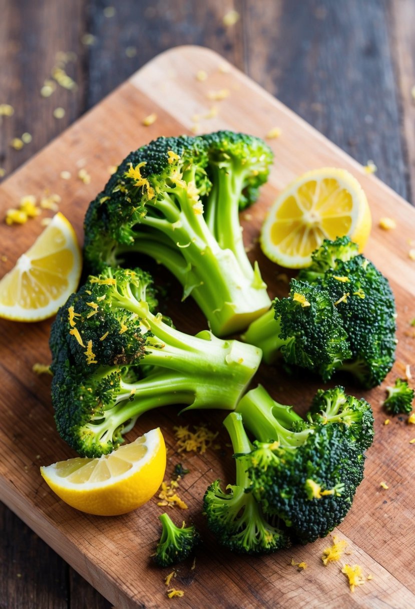 Freshly roasted broccoli with vibrant lemon zest sprinkled on top, nestled on a rustic wooden cutting board