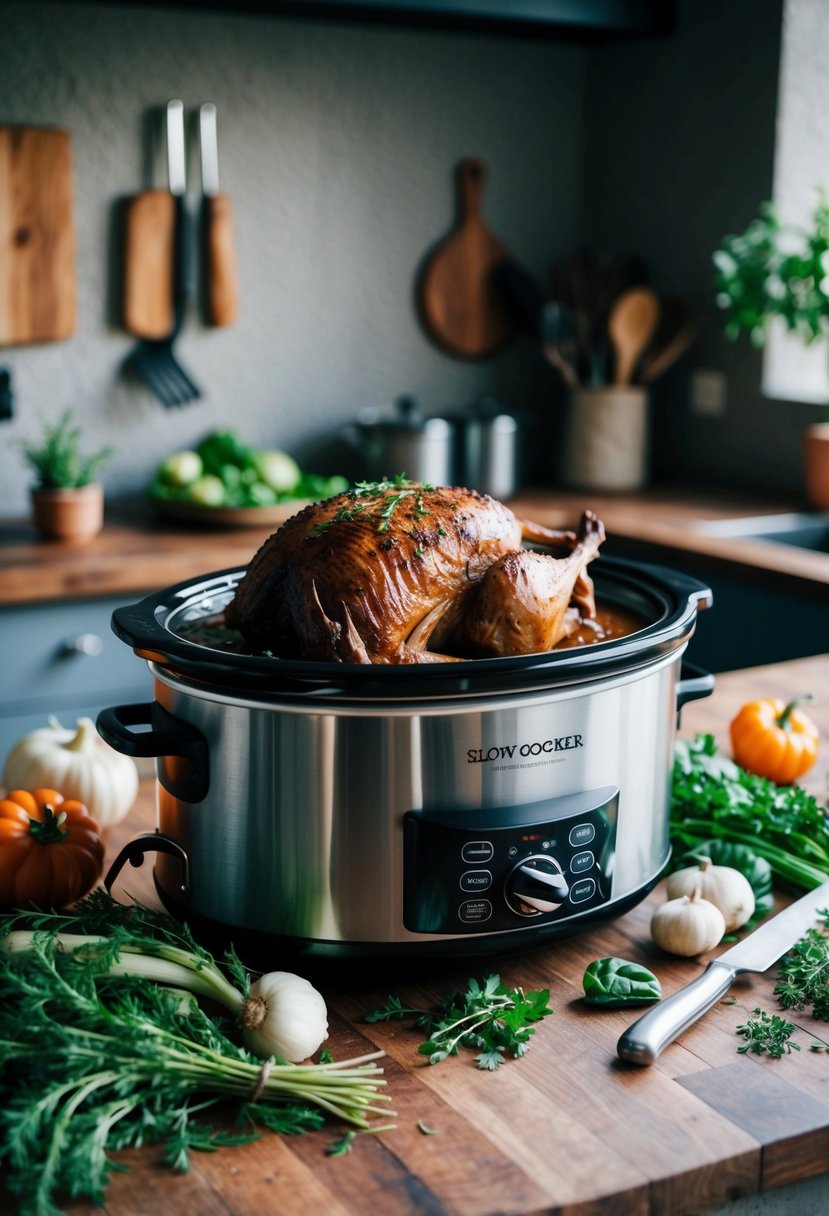 A rustic kitchen counter with a slow cooker filled with a savory venison roast surrounded by fresh herbs and vegetables