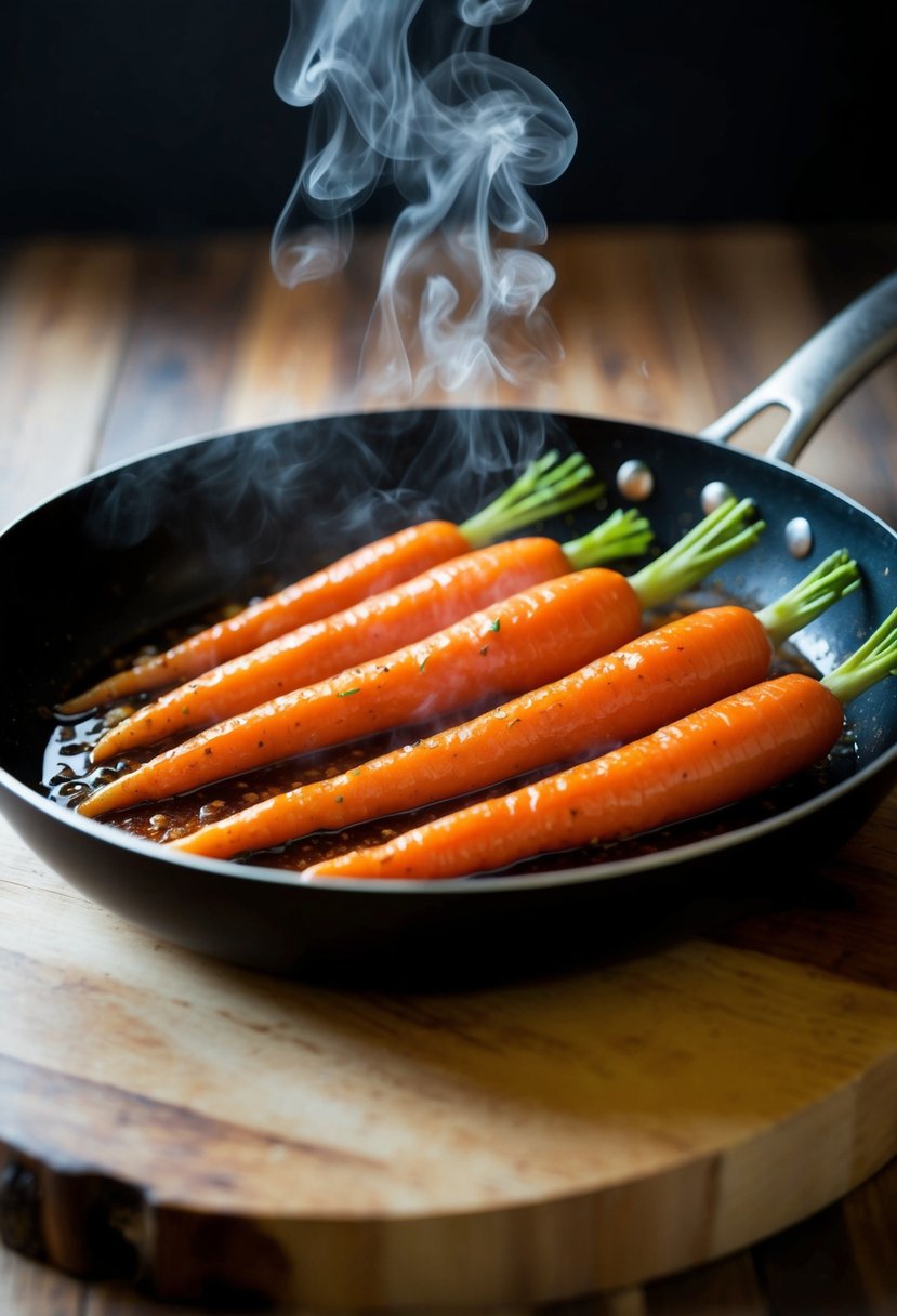 Carrots sizzling in a pan with a shiny honey glaze, steam rising