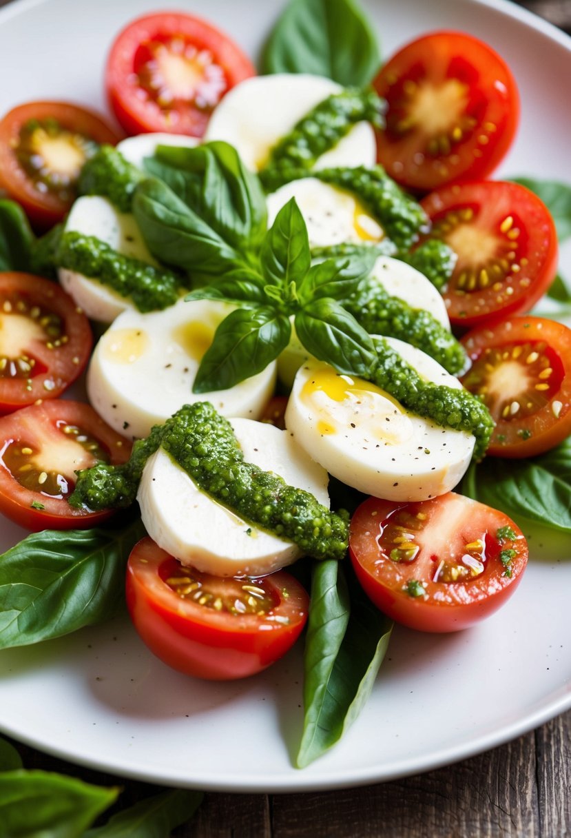 A vibrant Caprese Salad with fresh tomatoes, mozzarella, and basil leaves drizzled with homemade pesto, arranged on a white plate