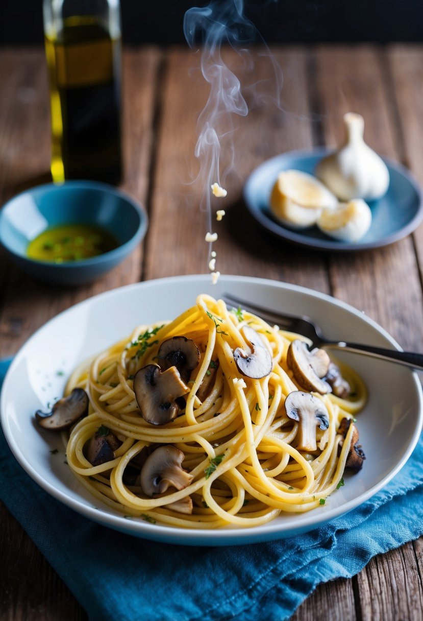 A steaming plate of mushroom pasta sits on a rustic wooden table, drizzled with fragrant garlic and olive oil